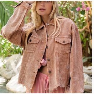 POL womens corduroy solid light pink collared button up frayed Jacket